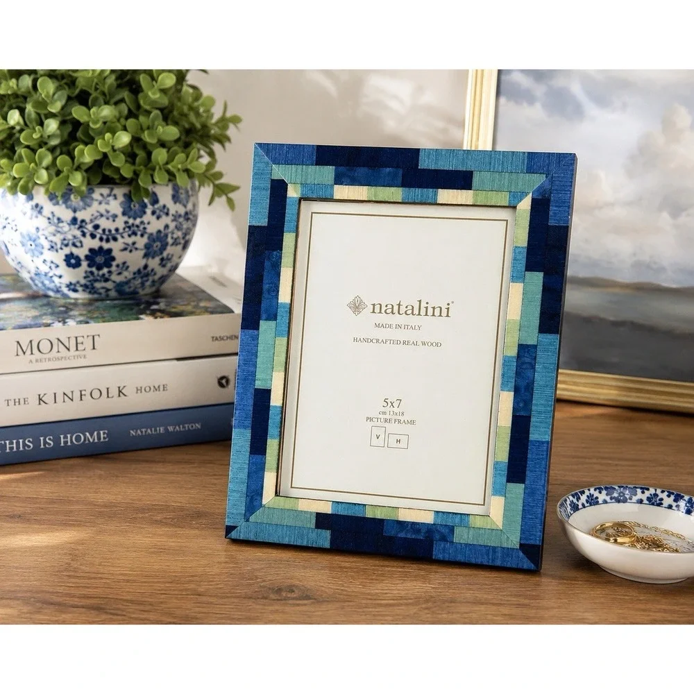 Pair Natalini Italy 5x7 Picture Frames Blue Mosaic Wood Handcrafted Made Italy